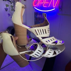 White wide heeled strapped heels